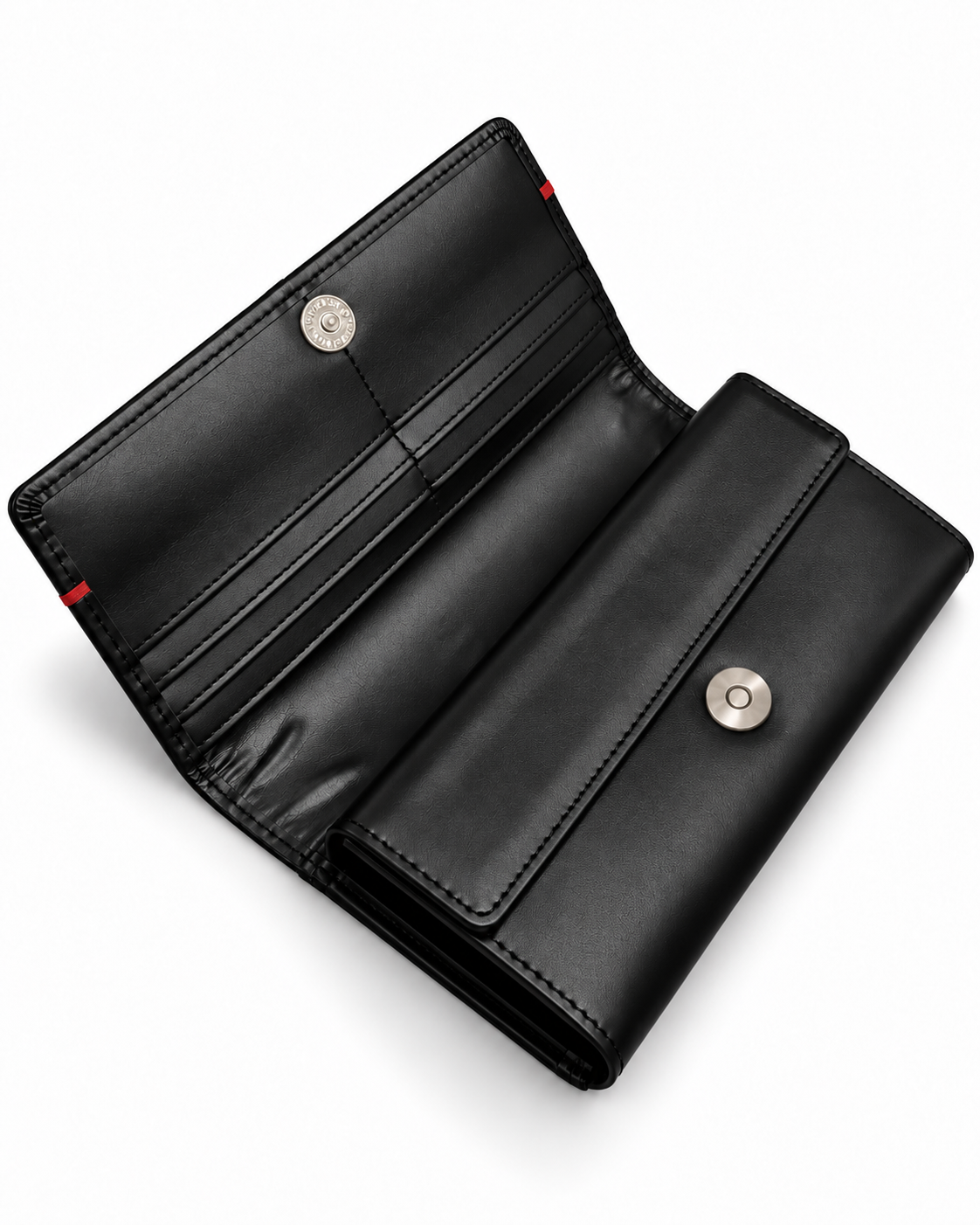 ELITE Women’s Black Leather Wallet with Red Line – Cow Leather Inside, Button Closure