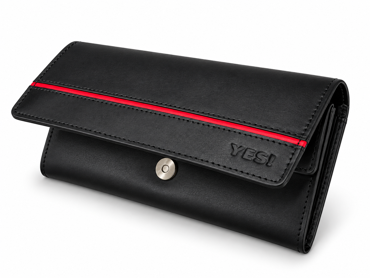 ELITE Women’s Black Leather Wallet with Red Line – Cow Leather Inside, Button Closure