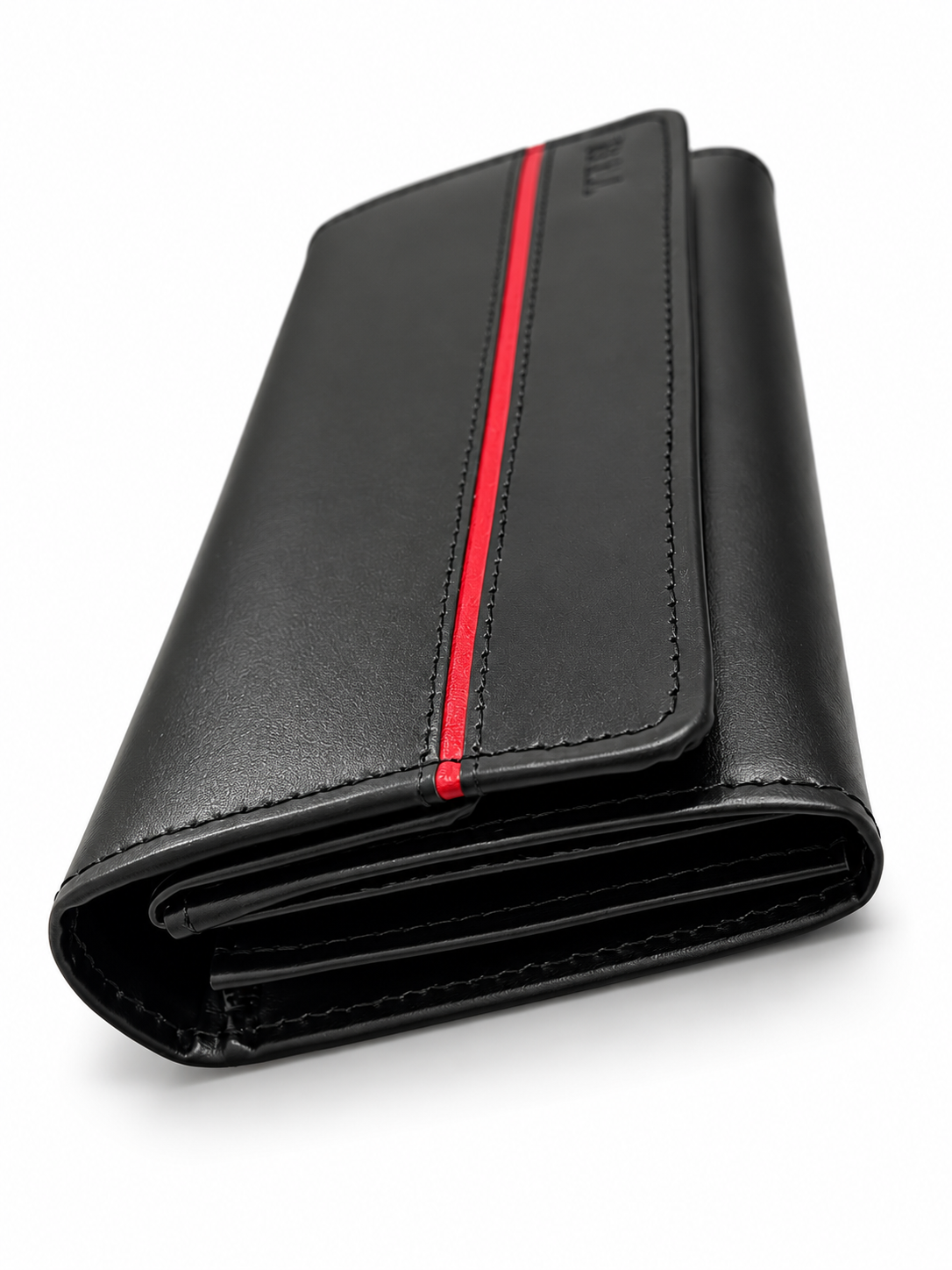 ELITE Women’s Black Leather Wallet with Red Line – Cow Leather Inside, Button Closure