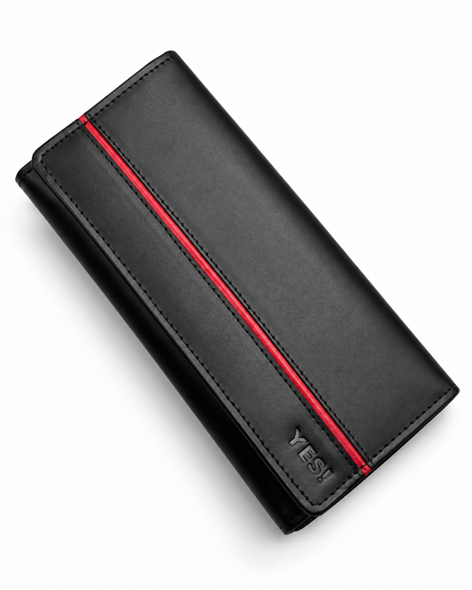 ELITE Women’s Black Leather Wallet with Red Line – Cow Leather Inside, Button Closure
