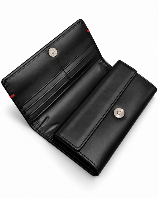 ELITE Women’s Black Leather Wallet with Red Line – Cow Leather Inside, Button Closure
