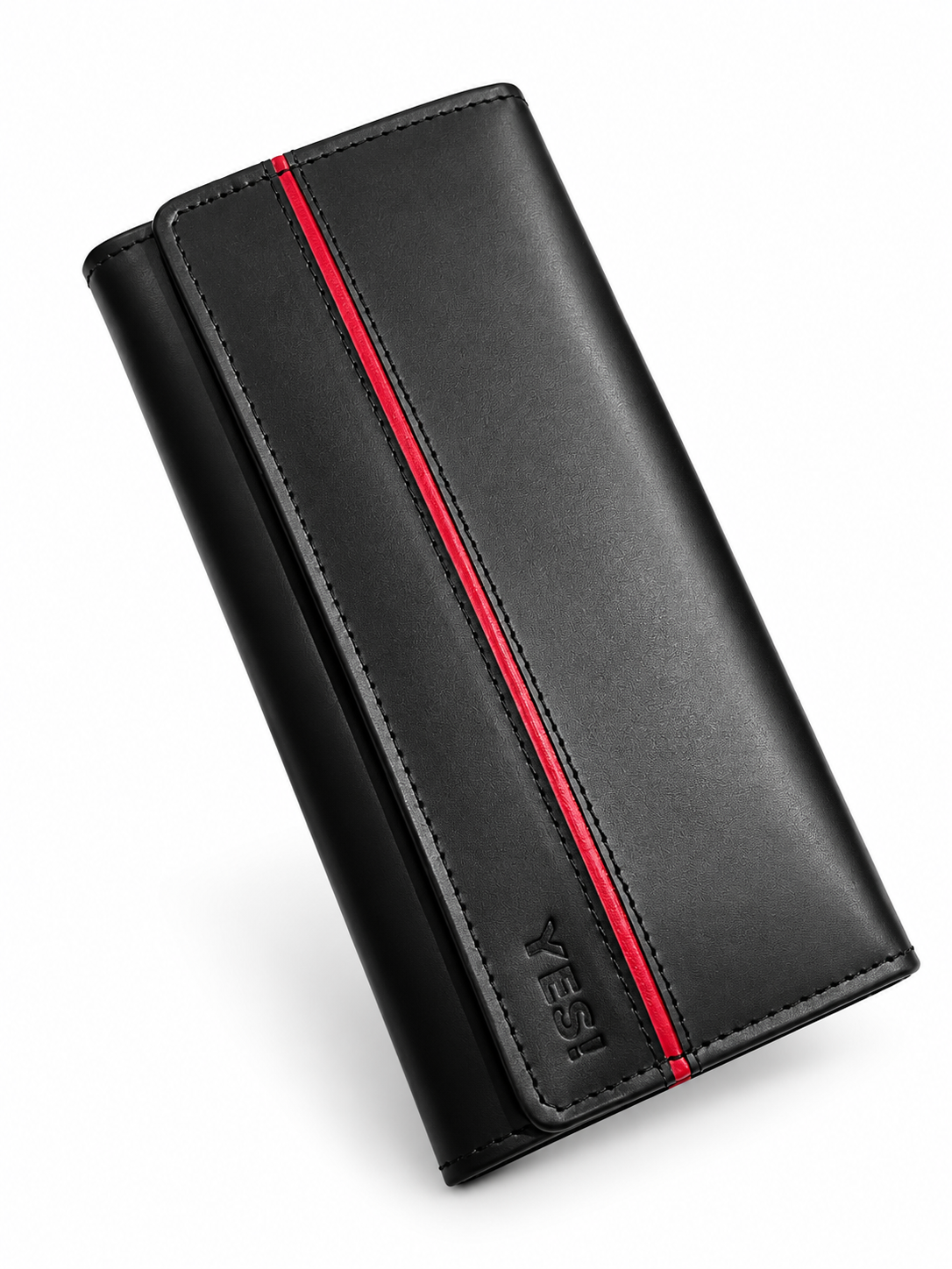 ELITE Women’s Black Leather Wallet with Red Line – Cow Leather Inside, Button Closure