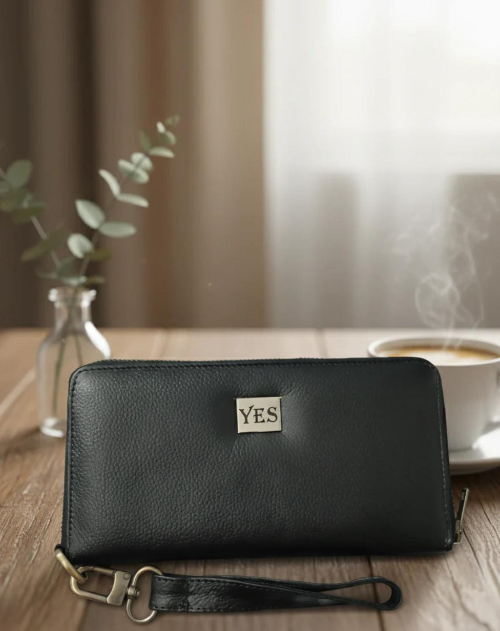ATLAS Women’s Black Cow Leather Zip Wallet – Metal Logo, Premium Quality