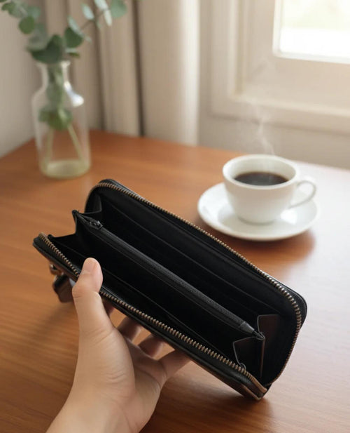 ATLAS Women’s Black Cow Leather Zip Wallet – Metal Logo, Premium Quality