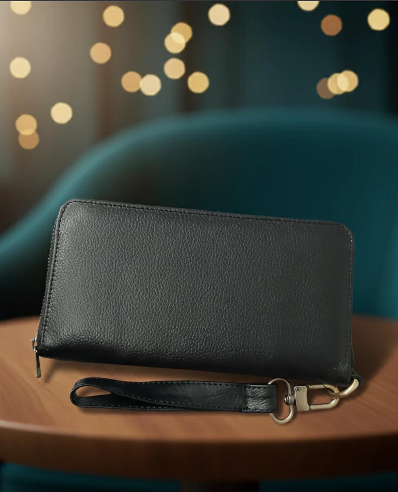 ATLAS Women’s Black Cow Leather Zip Wallet – Metal Logo, Premium Quality