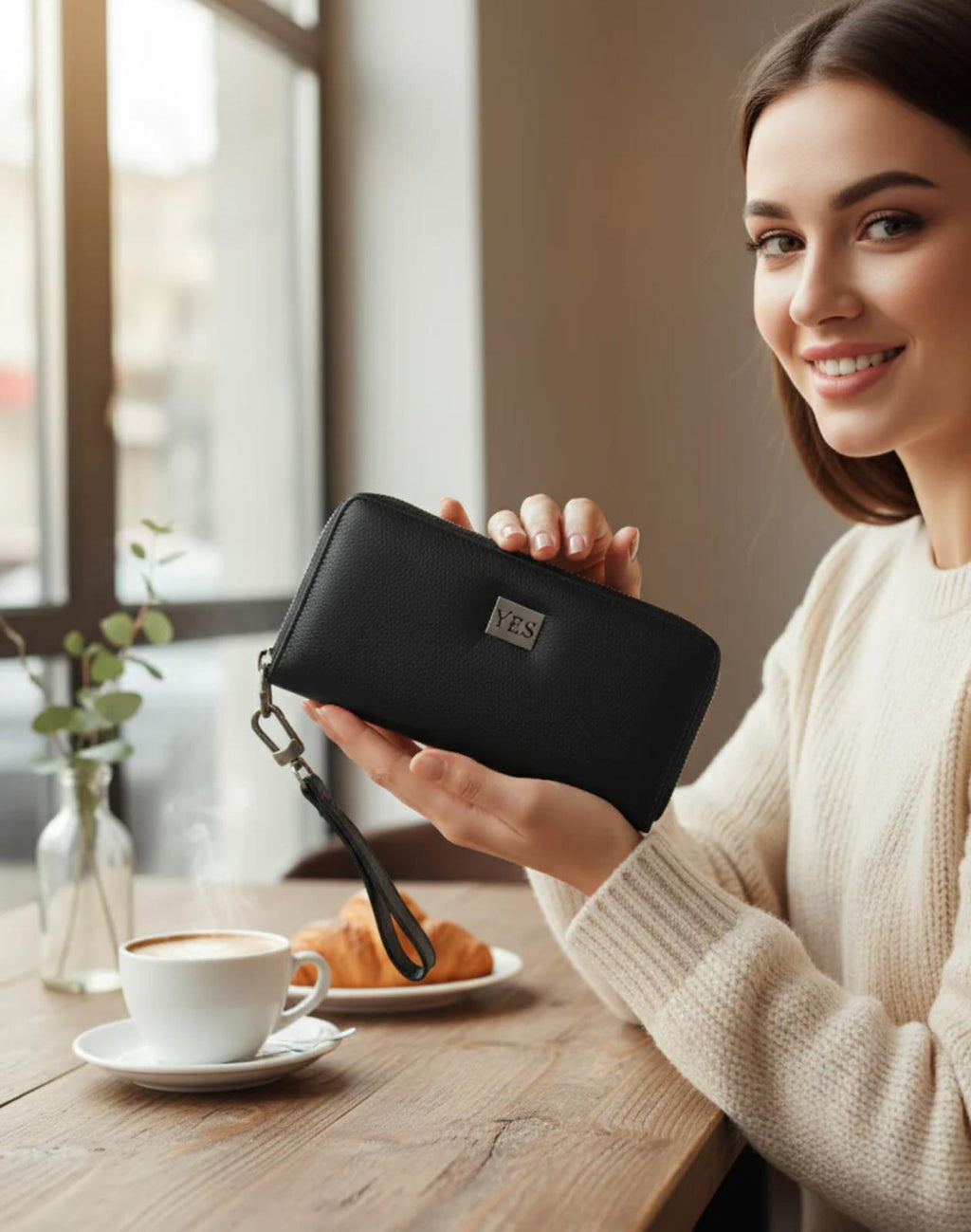 ATLAS Women’s Black Cow Leather Zip Wallet – Metal Logo, Premium Quality