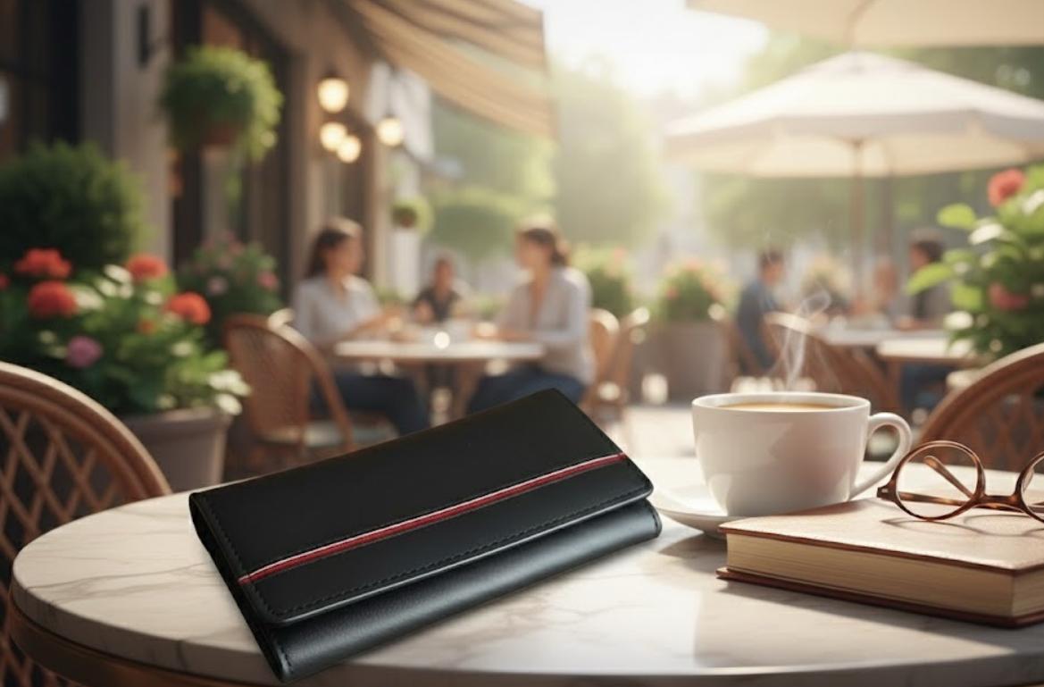 ELITE Women’s Black Leather Wallet with Red Line – Cow Leather Inside, Button Closure