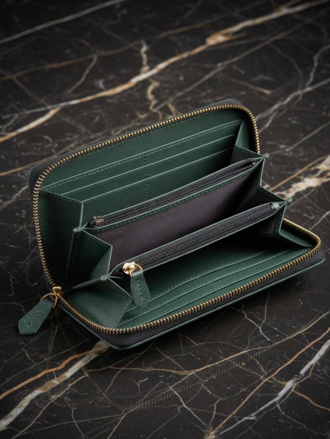 EMERALD GREEN SAFFIANO LEATHER Zip-Around Clutch Wallet for women