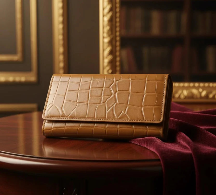 YES CORE Women’s Luxury Cognac Brown Leather Wallet – Croc-Embossed Organizer