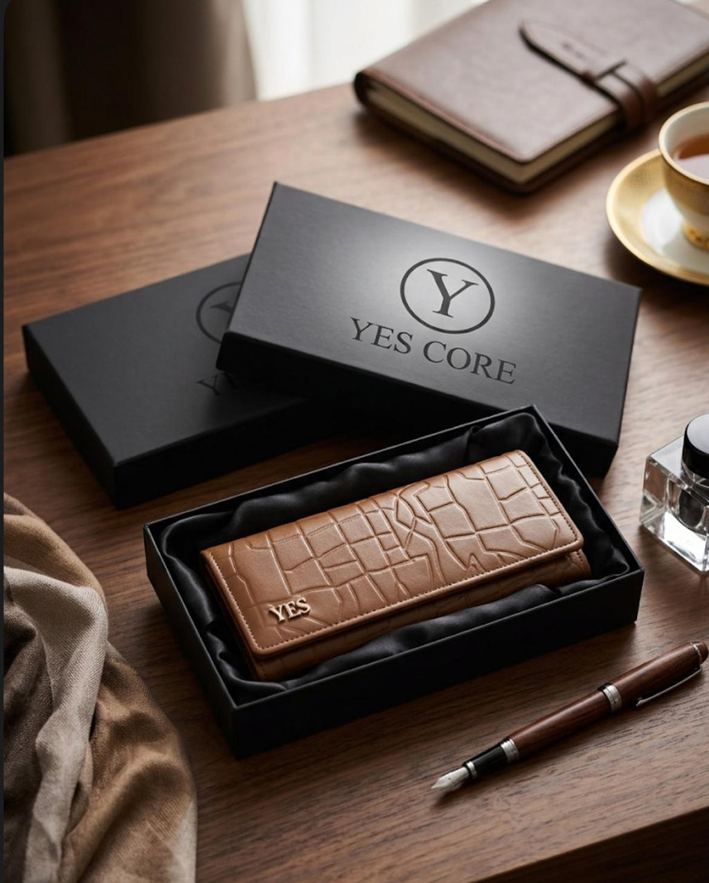 YES CORE Women’s Luxury Cognac Brown Leather Wallet – Croc-Embossed Organizer