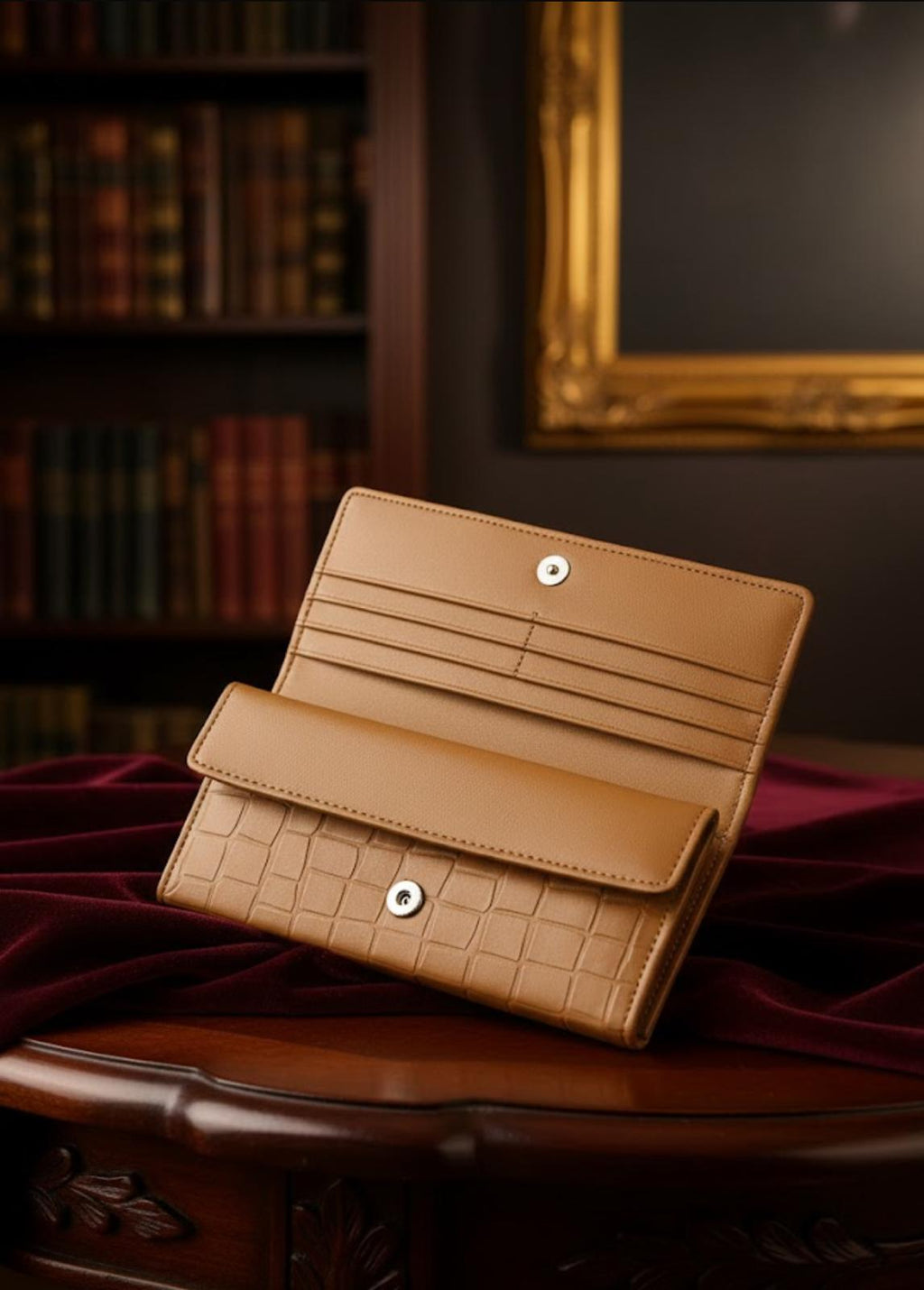 YES CORE Women’s Luxury Cognac Brown Leather Wallet – Croc-Embossed Organizer