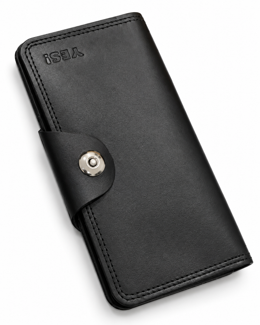 SHADOW Men’s Long Cow Leather Bifold Wallet - Slim Vertical Clutch with Snap Button Closure