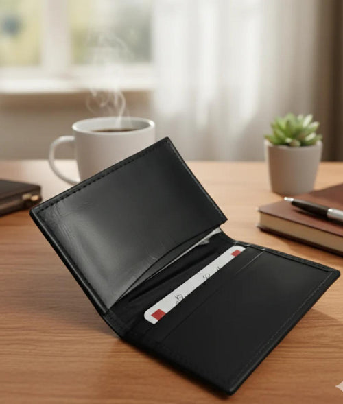 BLACK NIGHT Men's Black  Leather Card Holder – Embossed Design