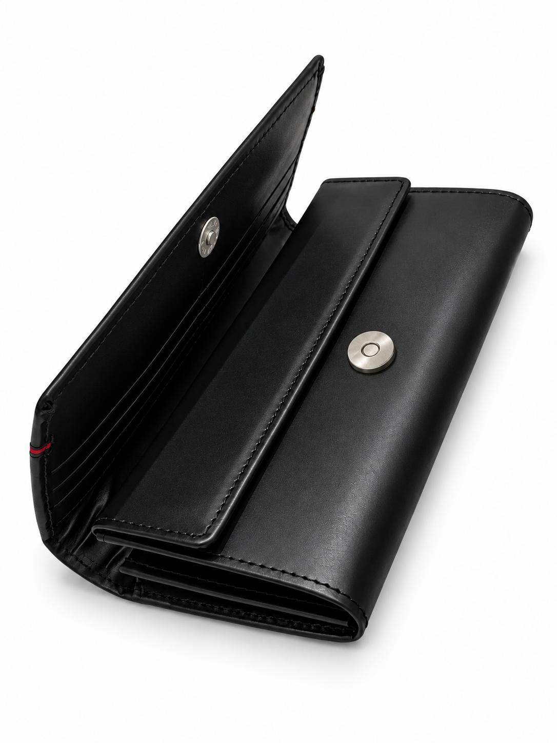 ELITE Women’s Black Leather Wallet with Red Line – Cow Leather Inside, Button Closure