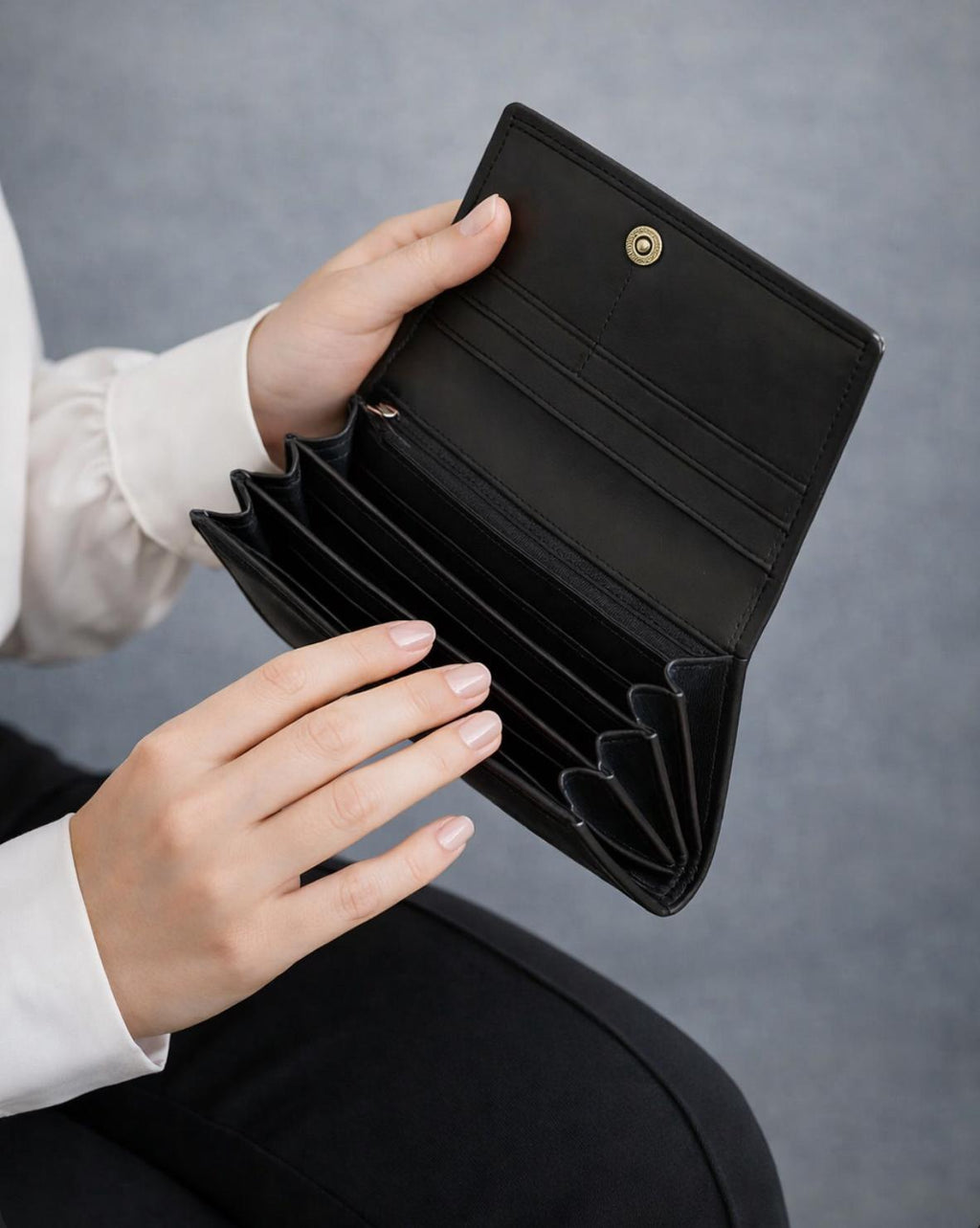 ELITE Women’s Black Leather Wallet with Red Line – Cow Leather Inside, Button Closure