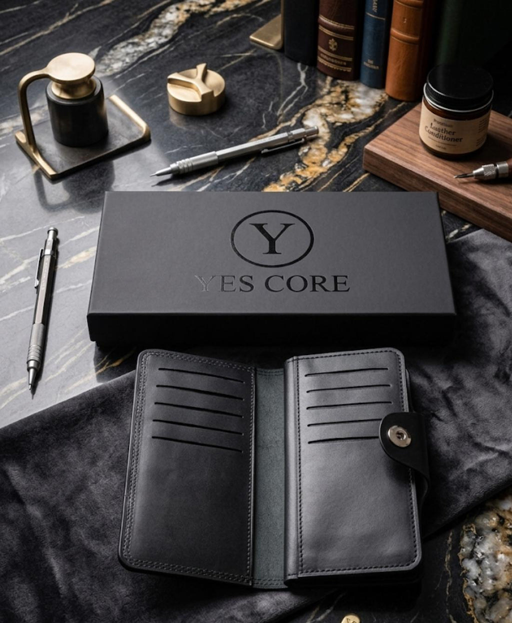 SHADOW Men’s Long Cow Leather Bifold Wallet - Slim Vertical Clutch with Snap Button Closure
