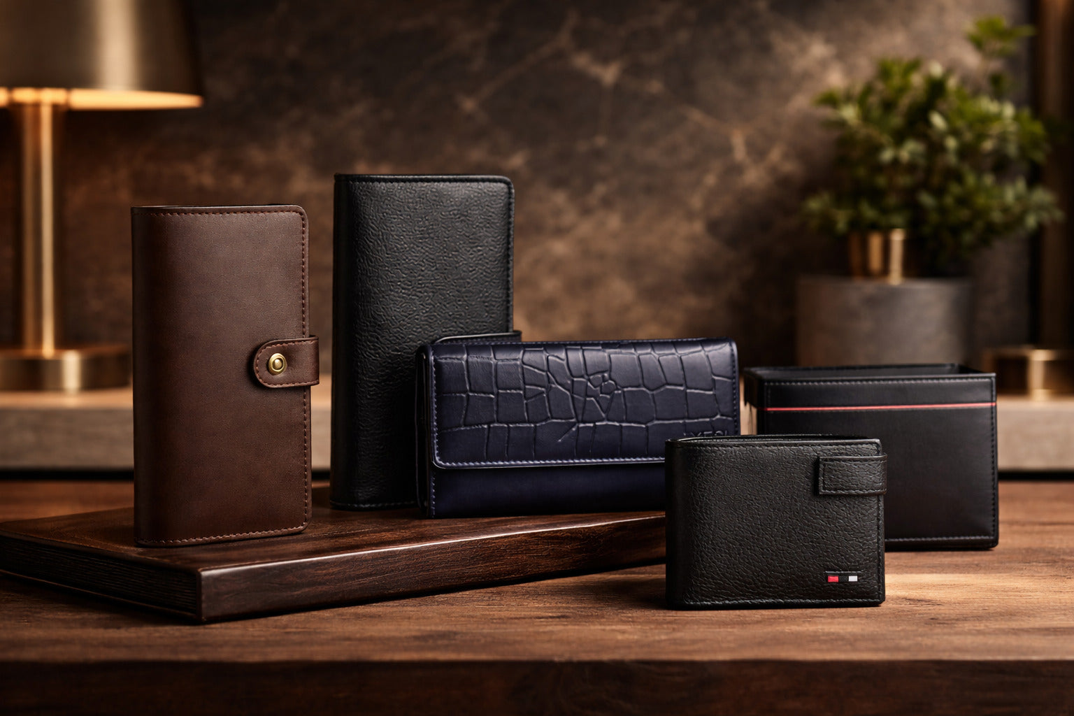 "Yescore Trading premium handcrafted leather wallets collection in maroon, black, and brown, green,blue,designed in Dublin."
